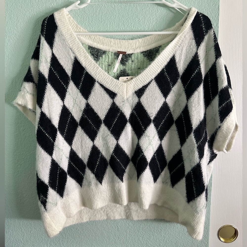 Free People Argyle Patterned V-Neck Sweater - Black and White